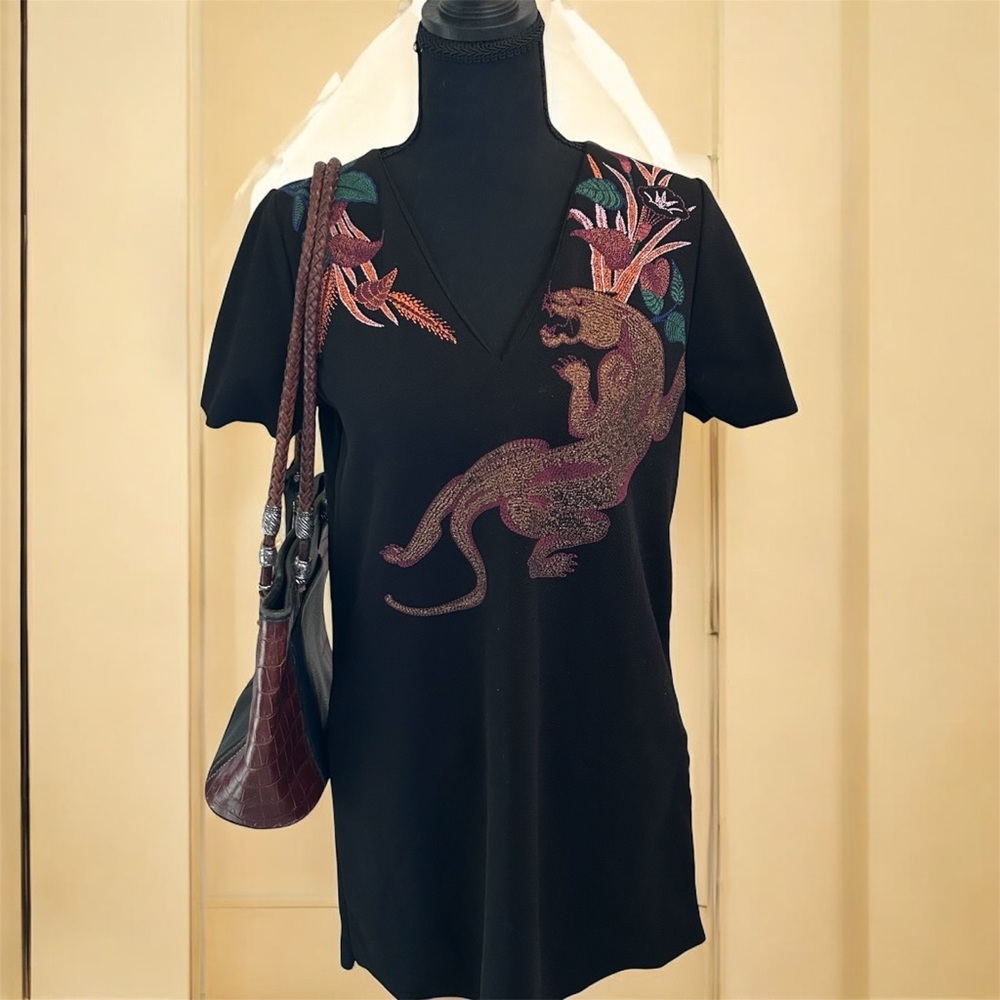 🐆 Zara Black Mini Dress with Embroidered Panther and Floral Design Size S